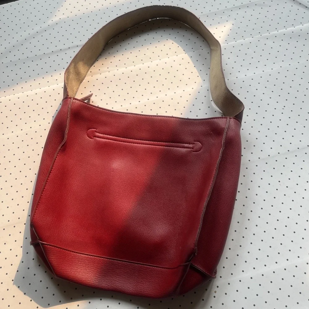 Vintage 90s Cherry Red Leather Hobo Shoulder Bag Minimalist Purse